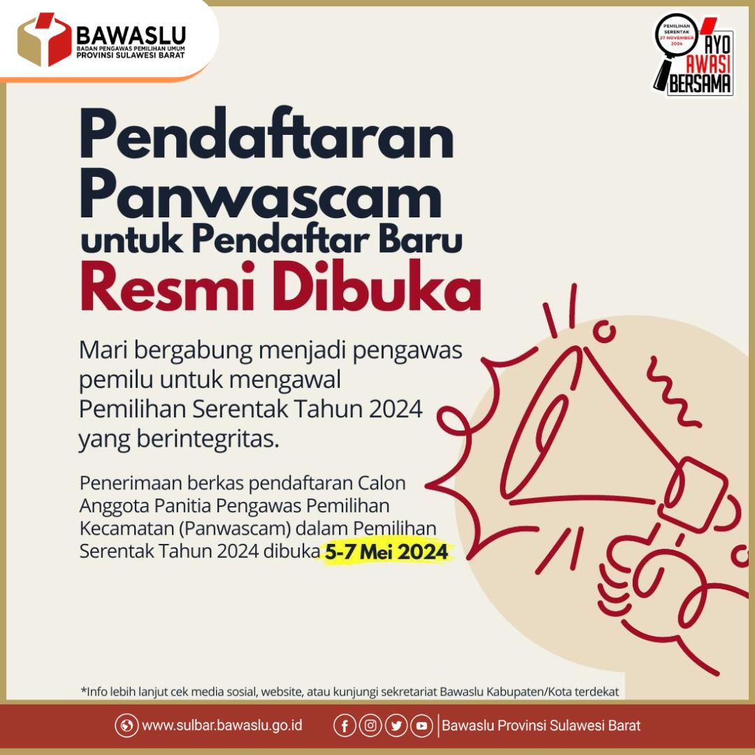 PENGUMUMAN PENDAFTARAN CALON ANGGOTA PANWASLU KECAMATAN SE-SULBAR PADA PEMILIHAN TAHUN 2024